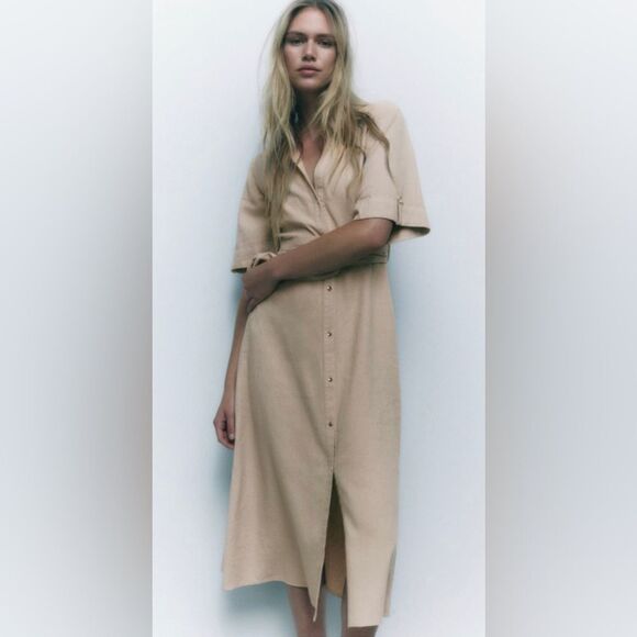 Zara Linen Blend Shirt Dress New - Picture 3 of 8